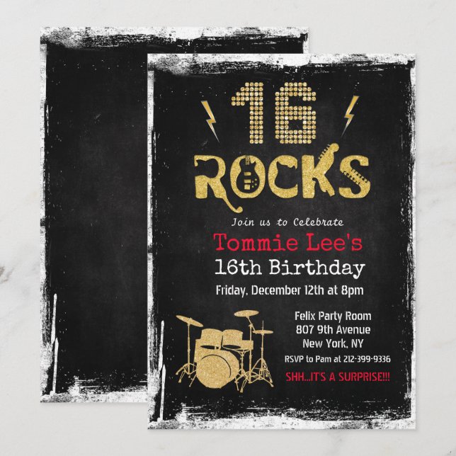 16 Rocks Rockstar Guitar 16th Birthday Invitation (Front/Back)
