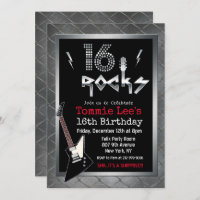 16 Rocks Rockstar Guitar 16th Birthday Invitation
