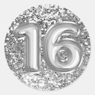 16 Silver Foil Balloons Sparkly Chunky Glitter Classic Round Sticker