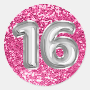 16 Silver Foil Balloons Sparkly Rose Pink Glitter Classic Round Sticker