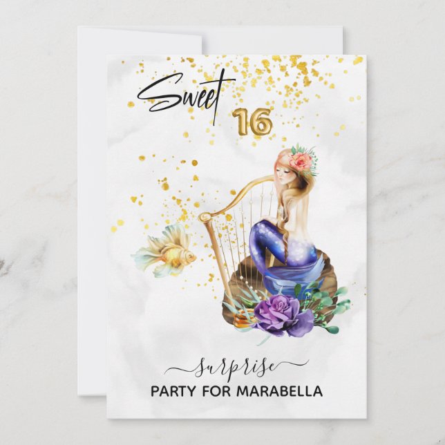 *~* 16 SWEET SIXTEEN Blue Mermaid Floral Birthday Invitation (Front)
