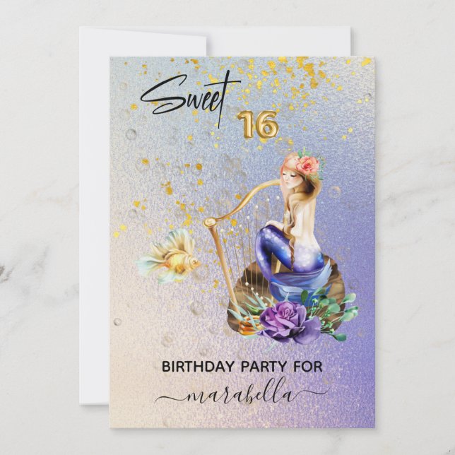 *~* 16 SWEET SIXTEEN Blue Mermaid Ombre Birthday  Invitation (Front)