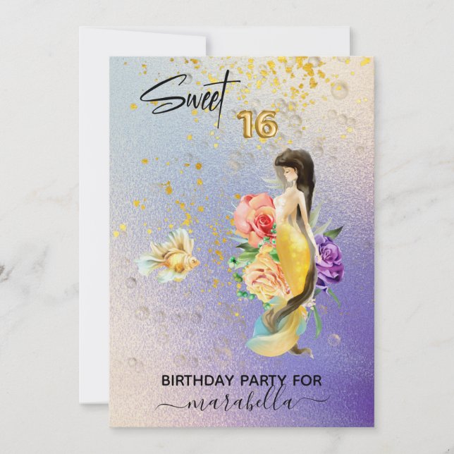 *~* 16 SWEET SIXTEEN Floral Mermaid Birthday Invitation (Front)