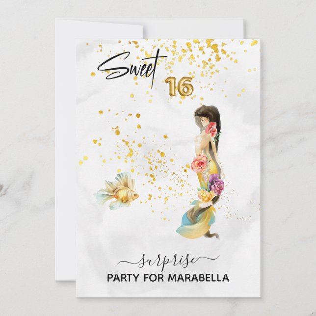 *~* 16 SWEET SIXTEEN  Flowers Mermaid Birthday Invitation (Front)