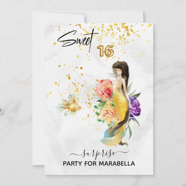 *~* 16 SWEET SIXTEEN  Gold Floral Mermaid Birthday Invitation (Front)