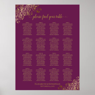 16 Table Cassis Purple Wedding Seating Chart Gold