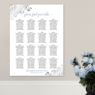 16 Table Frilly Wedding Seating Chart White & Blue
