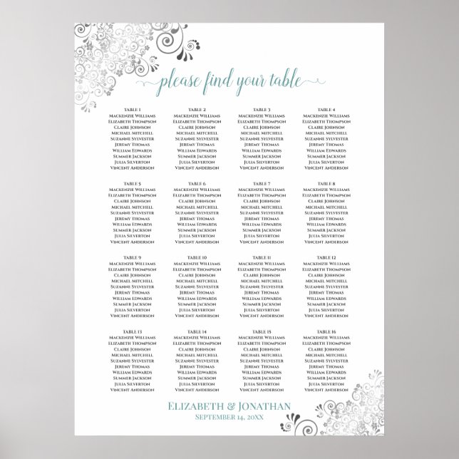 16 Table Frilly Wedding Seating Chart White & Teal (Front)