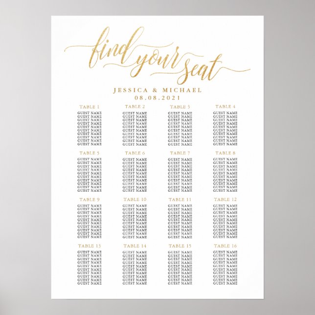 16 Table Large Gold Wedding Guest Seating Chart (Front)