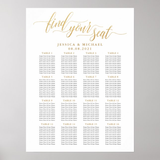 16 Table Large Gold Wedding Guest Seating Chart (Front)