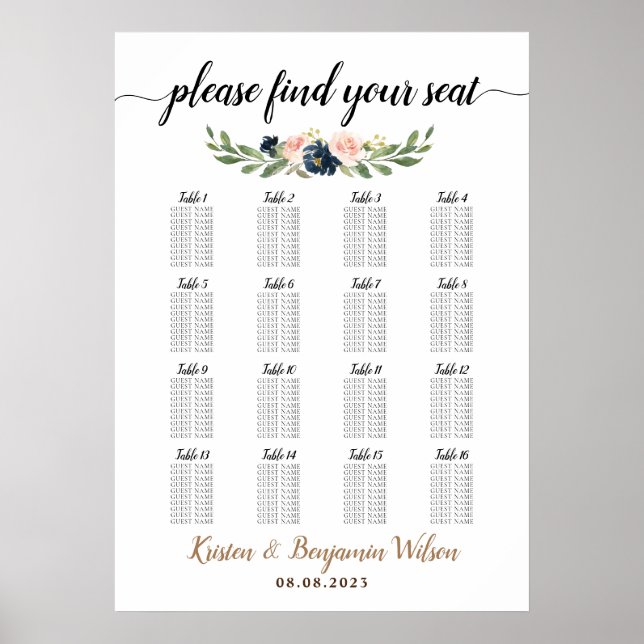 16 Table Large Wedding Guest Seating Chart (Front)