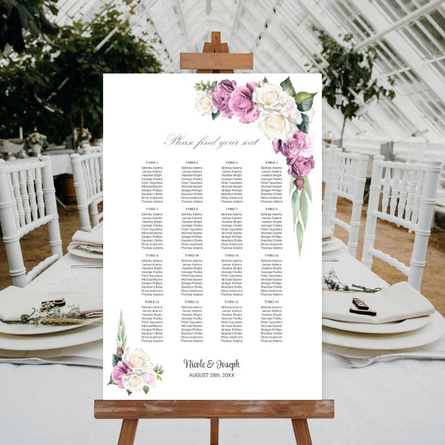 16 Table Pink White Rose Floral Seating Chart (Creator Uploaded)