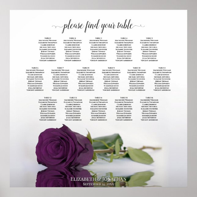 16 Table Plum Purple Rose Wedding Seating Chart (Front)