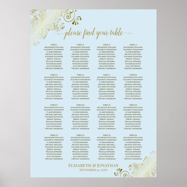 16 Table Powder Blue & Gold Wedding Seating Chart (Front)