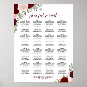 16 Table Red & Pink Floral Wedding Seating Chart