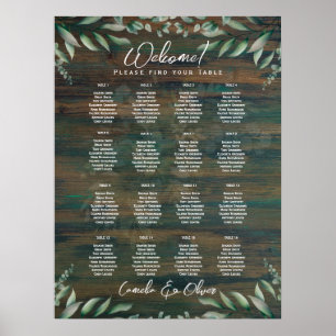 16 Table Rustic Wood Greenery Eucalyptus SEATING P Poster