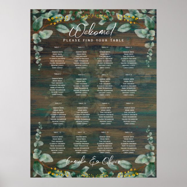 16 Table Rustic Wood Greenery Eucalyptus SEATING P Poster (Front)