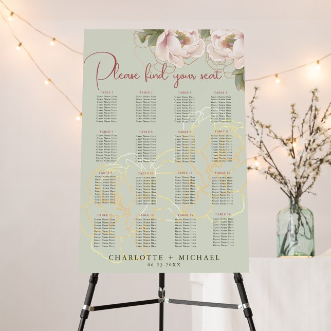 16 Table Sage & Blush Floral Wedding Seating Chart (Creator Uploaded)