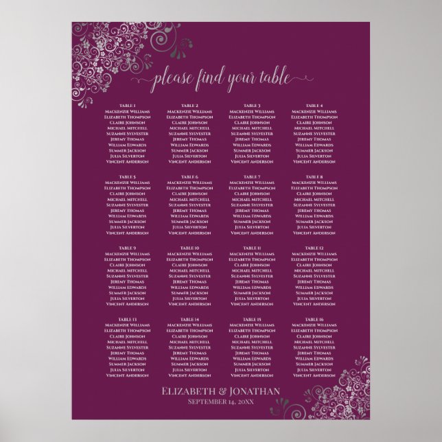 16 Table Silver on Cassis Wedding Seating Chart (Front)