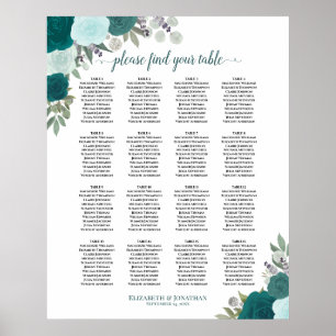 16 Table Teal Boho Floral Wedding Seating Chart