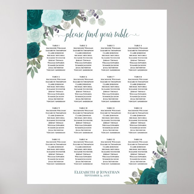 16 Table Teal Boho Floral Wedding Seating Chart (Front)