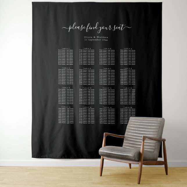 16 Table Wedding Seating Chart Luxury Modern Black Tapestry (In Situ)