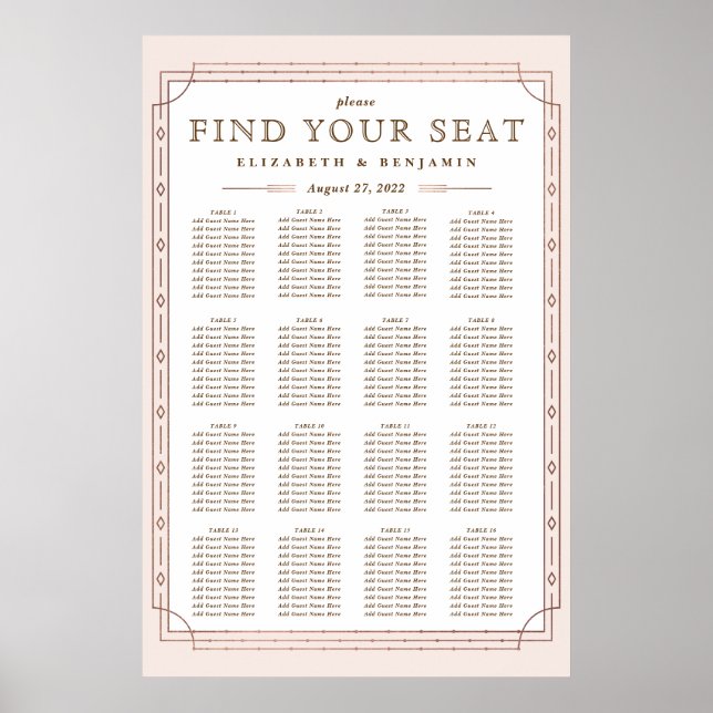 16 Tables | Art Deco Blush Rose Gold Foil Wedding Poster (Front)
