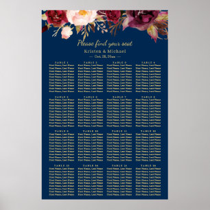 16 Tables Burgundy Floral Wedding Seating Chart