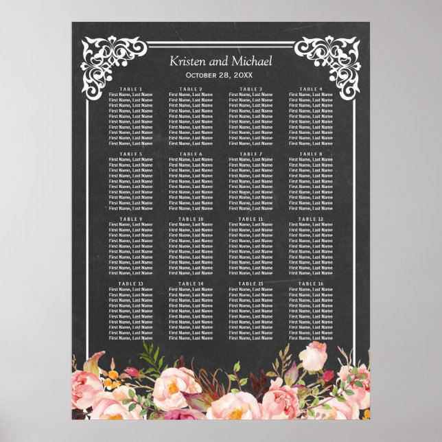 16 Tables Floral Chalkboard Wedding Seating Chart (Front)