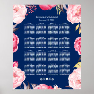 16 Tables Pink Floral Wreath Wedding Seating Chart