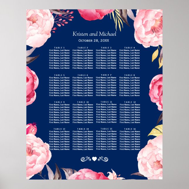 16 Tables Pink Floral Wreath Wedding Seating Chart (Front)