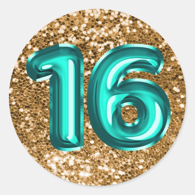 16 Teal Foil Balloons Sparkly Chunky Gold Glitter Classic Round Sticker (Front)