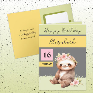 16 today sloth add name grey pink birthday card