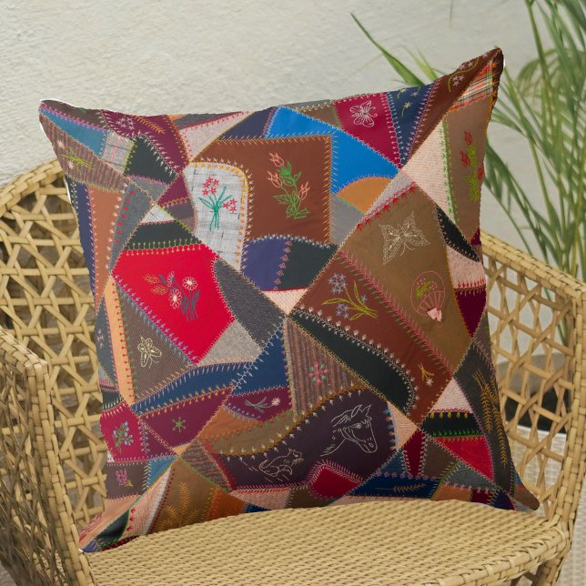 16" Vintage Patchwork Crazy Quilt Pattern Elegant  Cushion (Add style and color to your space with this vintage patchwork quilt pattern accent pillow.)