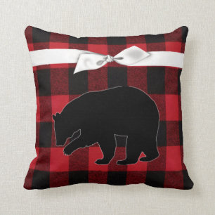 16"x16" Throw Pillow Red Buffalo Plaid Bear Black