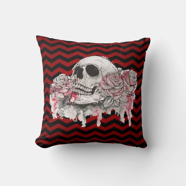 16"x16" Throw Pillow skull Rose Gothic Chevron red (Front)