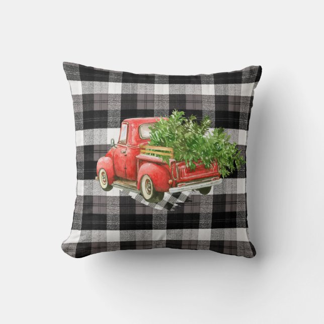 16"x16" Throw Pillow XMAS Truck Baffalo Plaid Blac (Front)