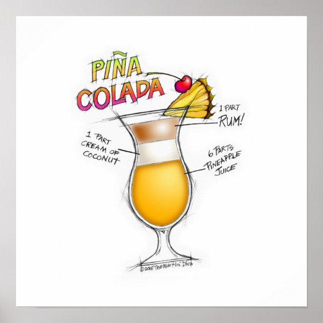 16" x 16" POSTER - PINA COLADA RECIPE COCKTAIL ART (Front)