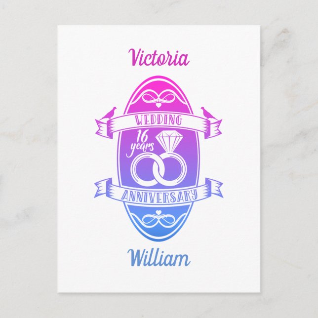16 Year 16th wedding anniversary Postcard (Front)