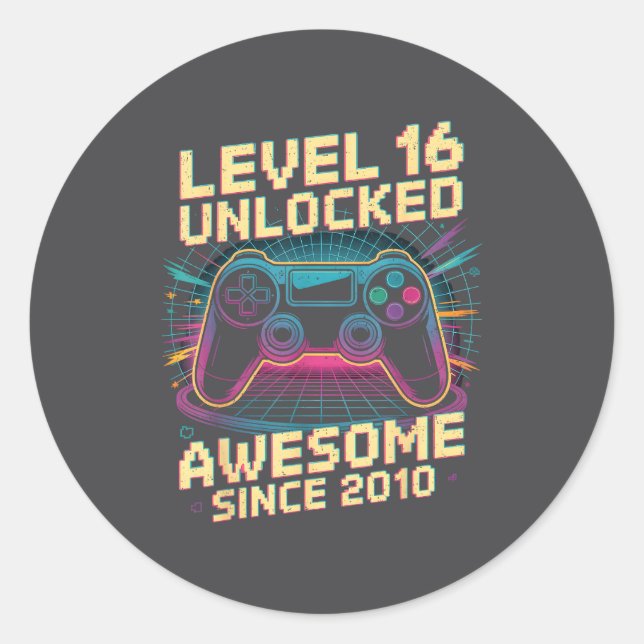 16 Year Old Boy Level 16 Gamer 2010 16th Birthday  Classic Round Sticker (Front)