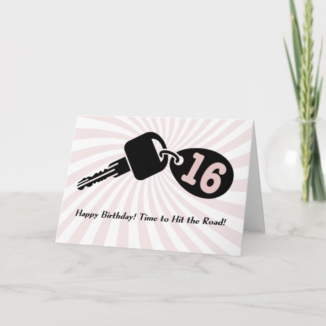 16 Year Old Pink Birthday Car Keys Keychain Black  Card (Front)