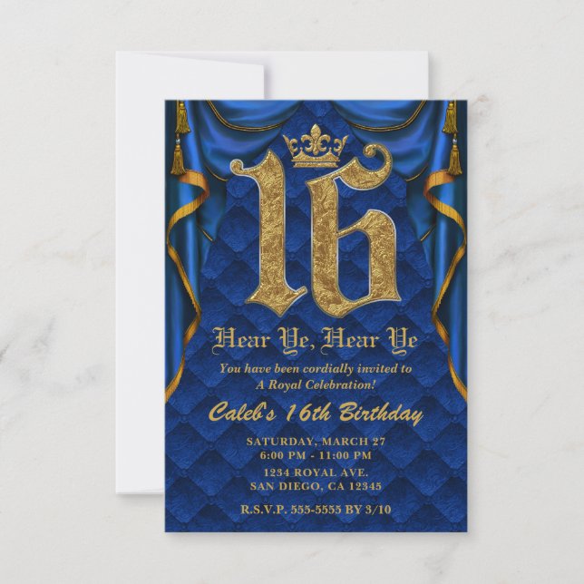 16TH 16 Birthday Party Royal Blue Gold Crown  Invitation (Front)