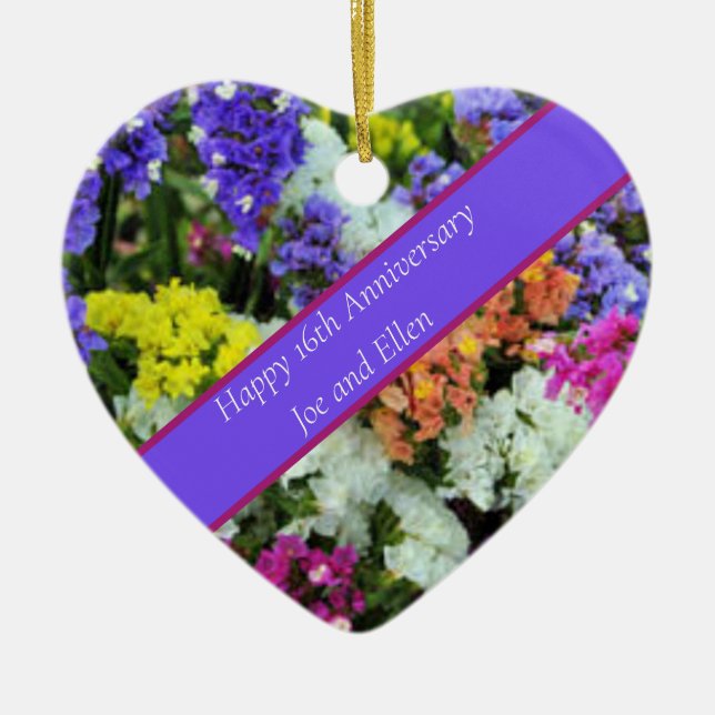 16th Anniversary colourful Statice Ceramic Tree Decoration (Front)