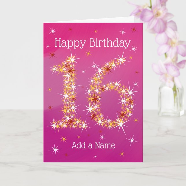 16th Birthday - 16 in Stars - Pink - Age Sixteen Card (Orchid)
