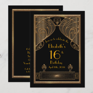 16th,Birthday 16th,Art Deco, black gold Invitation