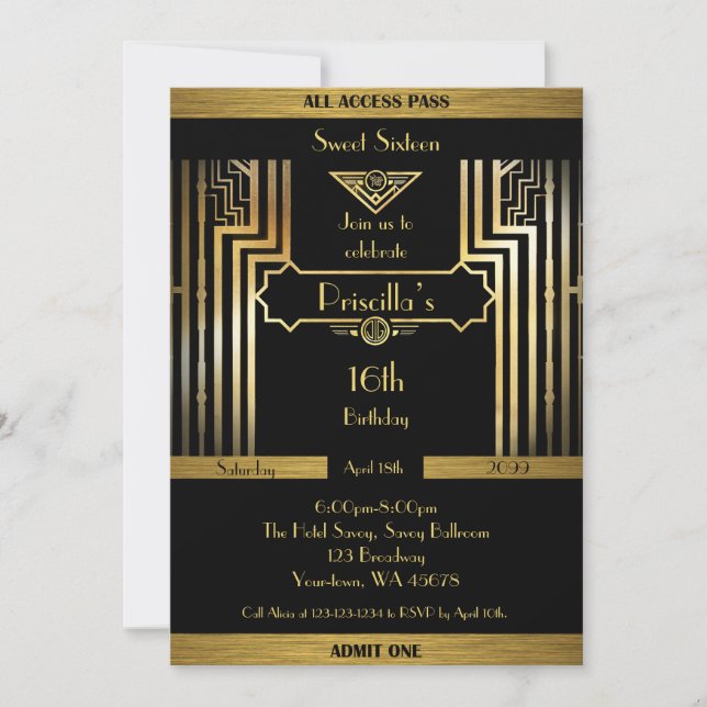16th,Birthday 16th, Gatsby style, black & gold Invitation (Front)
