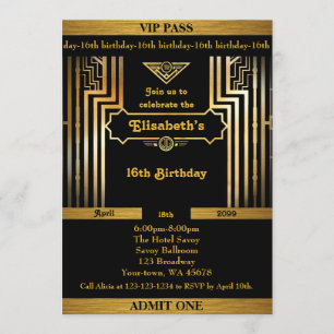 16th,Birthday 16th,Gatsby style,ticket,black gold Invitation