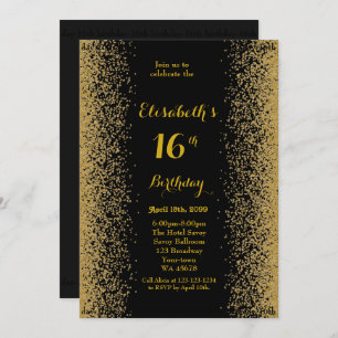 16th,Birthday 16th,Glitter,black gold Invitation
