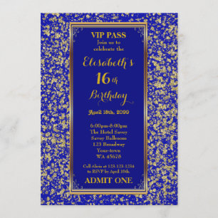 16th,Birthday 16th,Glitter Navy,ticket,Navy gold Invitation