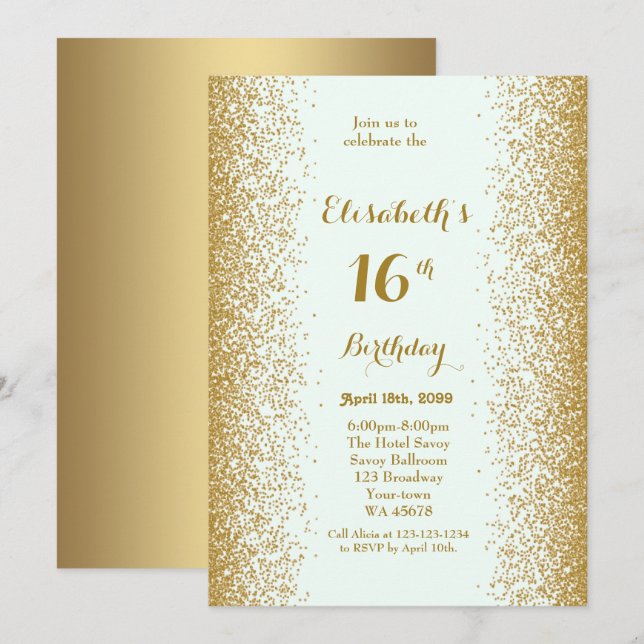 16th,Birthday 16th,Glitter, white gold Invitation (Front/Back)